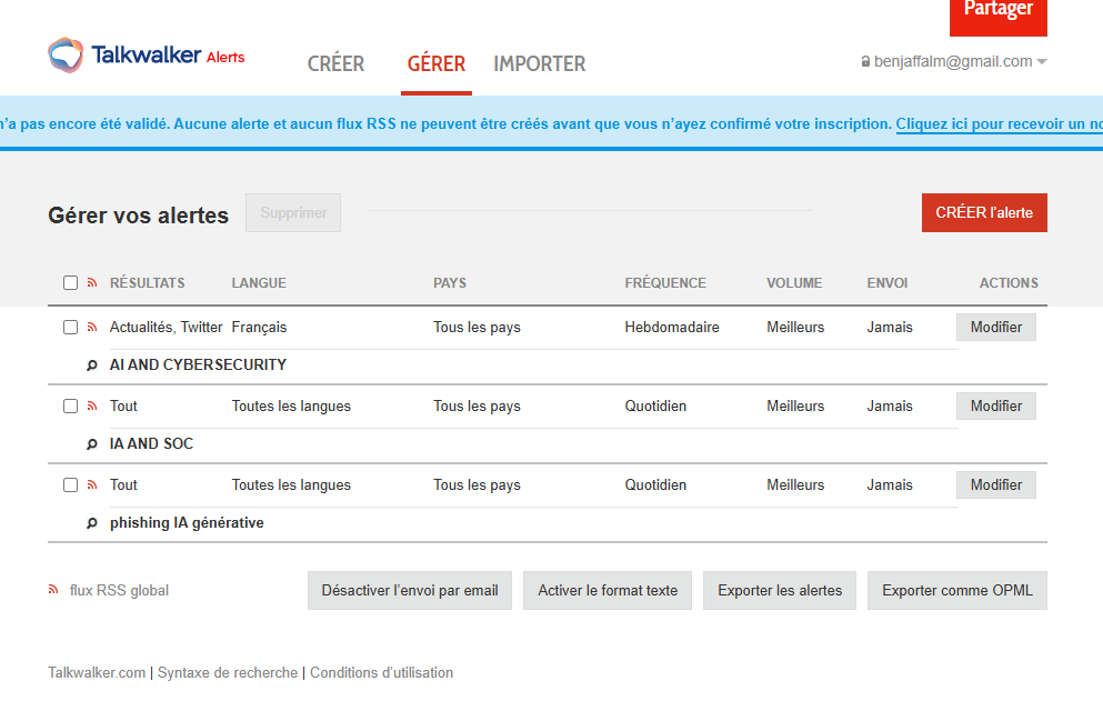Configuration des alertes sur Talkwalker Alerts